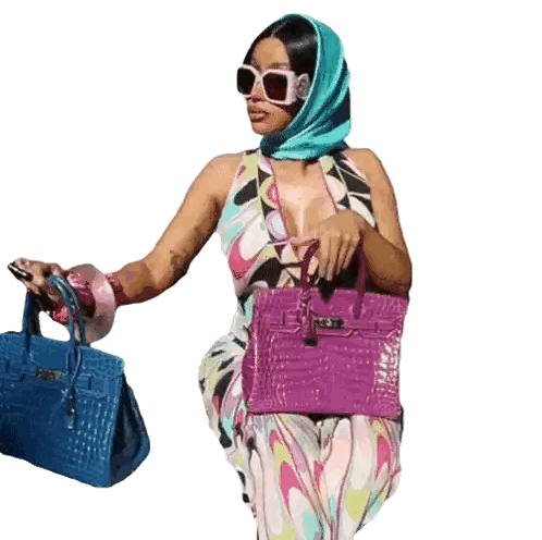 A Woman Wearing A Head Scarf And Sunglasses Holds A Blue And Purple Purse Sticker
