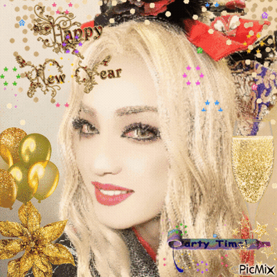 A Woman Wearing A Headband With The Words Happy New Year On It GIF
