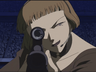 A Woman Wearing A Headset Is Holding A Gun In Her Hand GIF