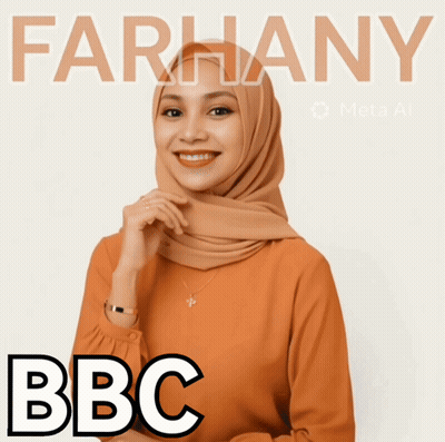 A Woman Wearing A Hijab Is Smiling In Front Of A Poster That Says Farhany Bbc GIF