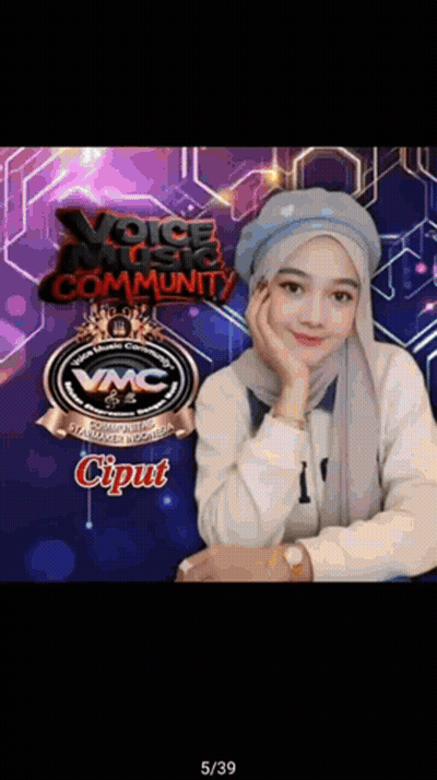 A Woman Wearing A Hijab Is Standing In Front Of A Voice Music Community Logo GIF