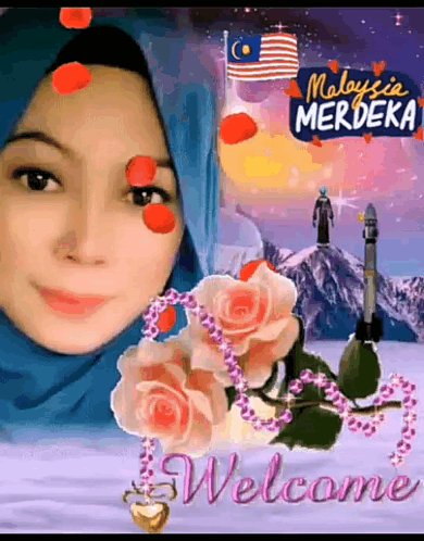 A Woman Wearing A Hijab Is Surrounded By Flowers And A Welcome Sign . GIF