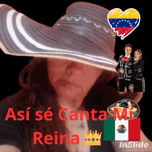 A Woman Wearing A Mariachi Outfit And A Hat With The Words " Así Se Canta Mi Reina " GIF