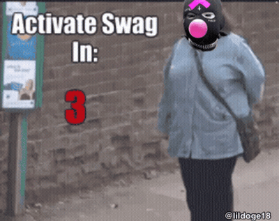 A Woman Wearing A Mask Blowing A Bubble With The Words Activate Swag In 3 Below Her GIF