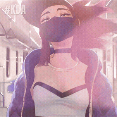 A Woman Wearing A Mask With The Hashtag #Kda On The Bottom Right GIF