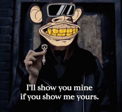 A Woman Wearing A Monkey Mask Holds A Key And Says I 'Ll Show You Mine If You Show Me Yours . GIF