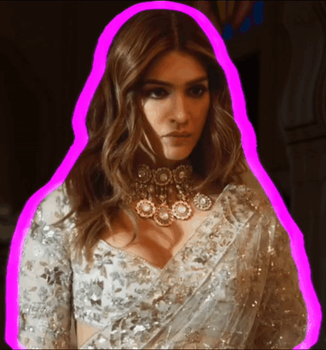 A Woman Wearing A Necklace And A White Top Is Surrounded By A Pink Border GIF