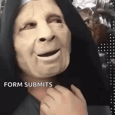 A Woman Wearing A Nun 'S Mask With The Words `` Form Submits '' Written On The Bottom . GIF