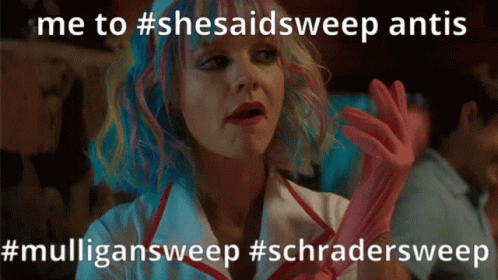 A Woman Wearing A Pink Glove Says Me To #Shesaidsweep Antiis GIF
