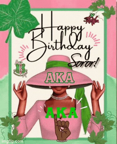A Woman Wearing A Pink Hat And A Green Scarf Is On A Birthday Card For A Sorority . GIF