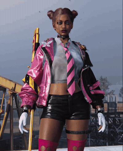 A Woman Wearing A Pink Jacket And Tie Is Holding A Gun GIF
