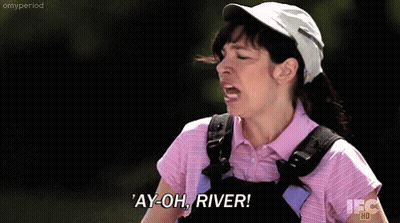 A Woman Wearing A Pink Shirt And Overalls Is Screaming ' Ay-Oh River ' GIF