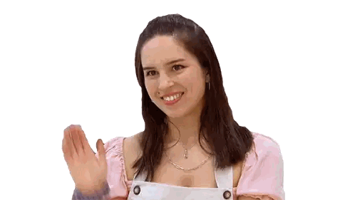 A Woman Wearing A Pink Top And White Overalls Is Waving Sticker