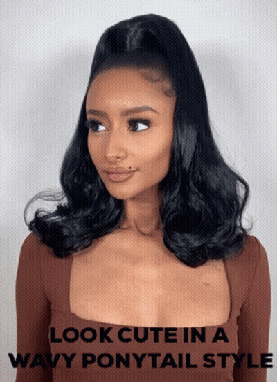 A Woman Wearing A Ponytail With The Words Look Cute In A Wavy Ponytail Style Below Her GIF