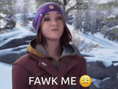 A Woman Wearing A Purple Beanie And A Red Jacket Says Fawk Me GIF