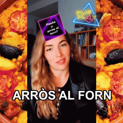 A Woman Wearing A Purple Hat With Paella Written On It GIF