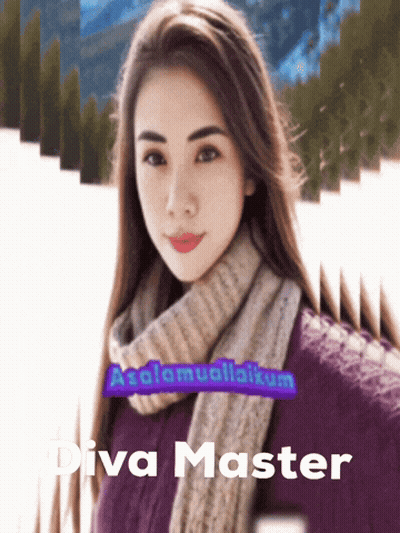 A Woman Wearing A Purple Sweater And Scarf Is Featured On A Diva Master Advertisement GIF