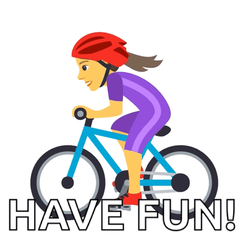 A Woman Wearing A Red Helmet Is Riding A Blue Bicycle With The Words Have Fun Below Her GIF