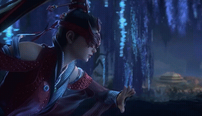 A Woman Wearing A Red Mask And A Red Dress Is Standing In Front Of A Blue Wall . GIF
