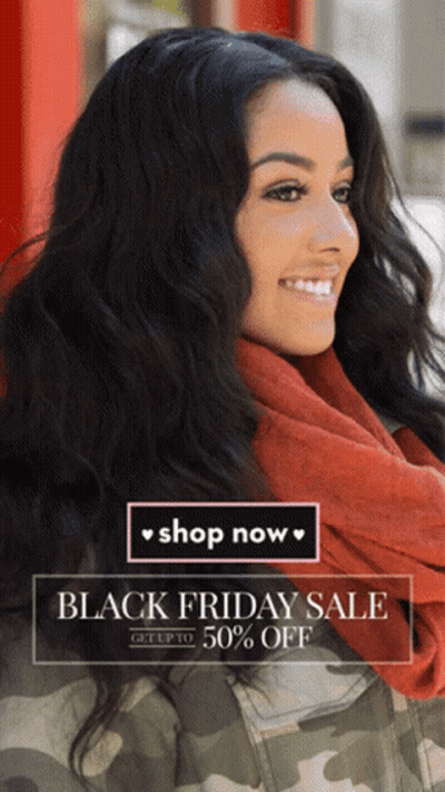 A Woman Wearing A Red Scarf And A Black Friday Sale Advertisement GIF