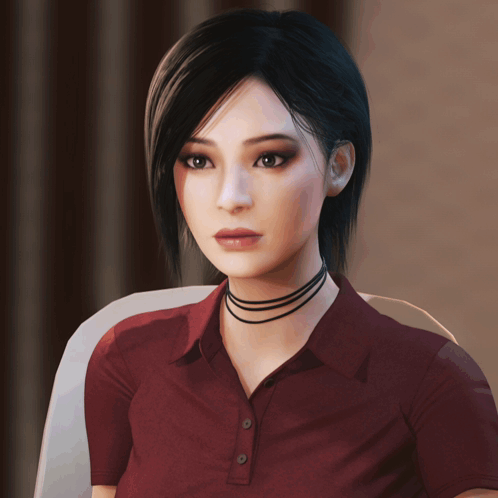 A Woman Wearing A Red Shirt And A Black Choker Looks At The Camera GIF