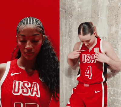 A Woman Wearing A Red Usa Basketball Jersey GIF