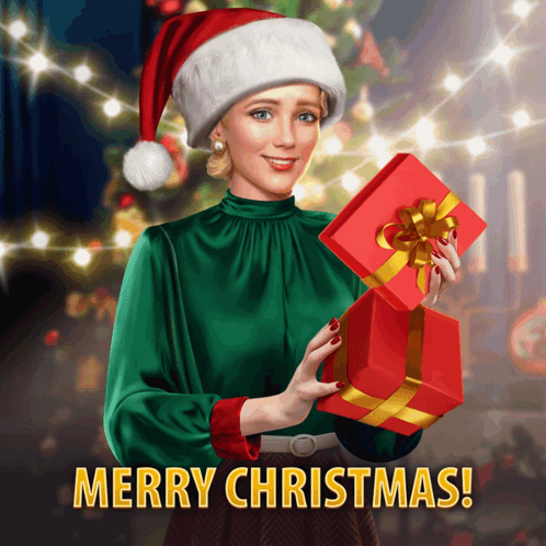 A Woman Wearing A Santa Hat Is Holding A Red Gift Box With The Words Merry Christmas Written Below Her GIF