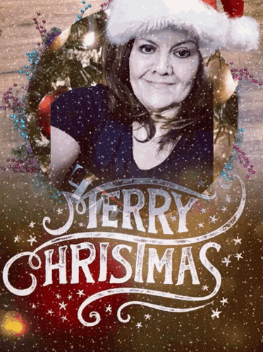 A Woman Wearing A Santa Hat Is Surrounded By Merry Christmas Greeting Cards GIF