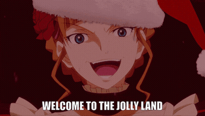 A Woman Wearing A Santa Hat With The Words Welcome To The Jolly Land GIF