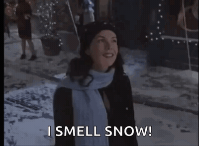 A Woman Wearing A Scarf And A Hat Is Standing In The Snow . GIF