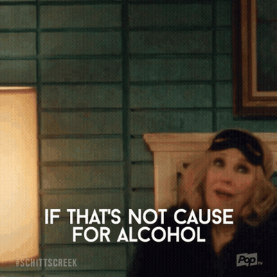 A Woman Wearing A Sleep Mask Says " If That 'S Not Cause For Alcohol " While Sitting On A Bed GIF