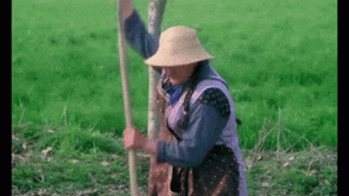 A Woman Wearing A Straw Hat And Apron Is Holding A Stick In A Field GIF