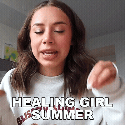 A Woman Wearing A Sweater That Says Bliss On It Says Healing Girl Summer GIF