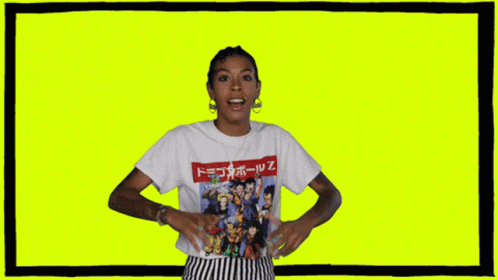 A Woman Wearing A T-Shirt That Says Dragon Ball Z On It GIF