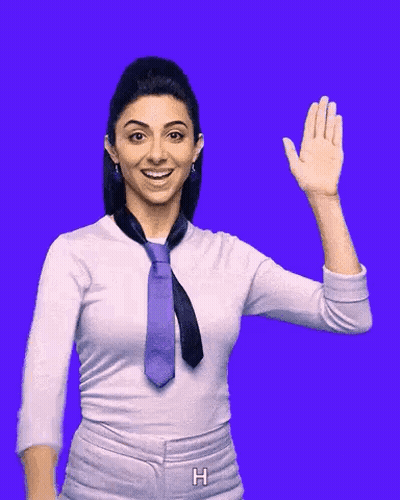 A Woman Wearing A Tie And A White Shirt Is Waving Her Hand GIF