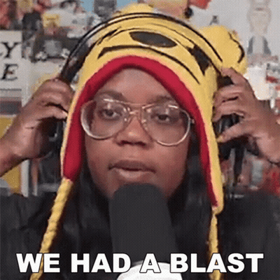 A Woman Wearing A Tiger Hat And Glasses Says " We Had A Blast " GIF