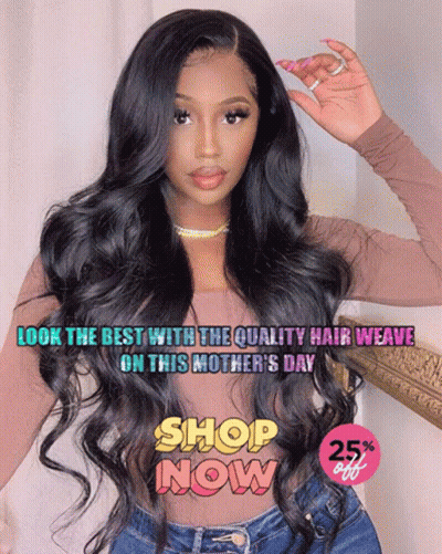 A Woman Wearing A Wig With The Words Look The Best With The Quality Hair Weave On This Mother 'S Day Shop Now On The Bot GIF