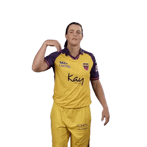 A Woman Wearing A Yellow And Purple Shirt That Says Kay Sticker