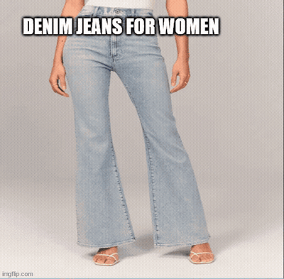 A Woman Wearing A Yellow Crop Top And Black Ripped Jeans With The Words Denim Jeans For Women Below Her GIF