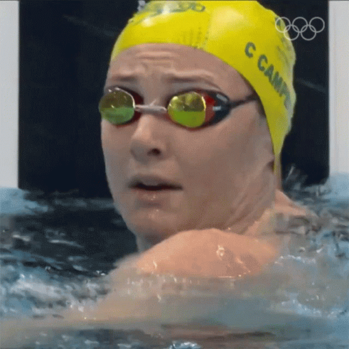 A Woman Wearing A Yellow Swim Cap That Says ' C Campbell ' On It GIF