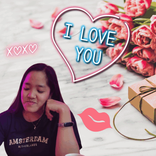 A Woman Wearing An Amsterdam Shirt Is Surrounded By Pink Flowers And A Heart That Says I Love You GIF