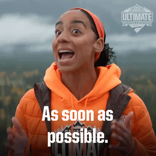 A Woman Wearing An Orange Hoodie And A Backpack Says As Soon As Possible GIF