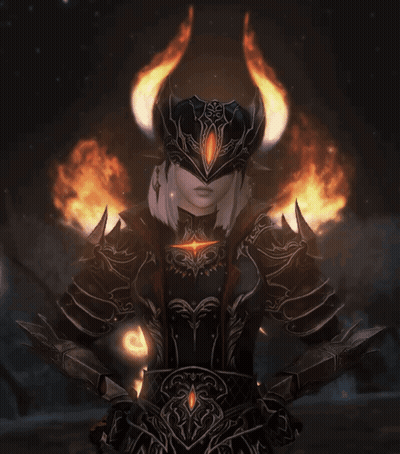 A Woman Wearing Armor And A Helmet With Fire Coming Out Of It GIF