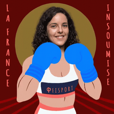 A Woman Wearing Blue Boxing Gloves Has The Word Peisport On Her Shirt GIF