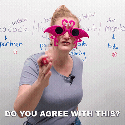 A Woman Wearing Flamingo Glasses Says " Do You Agree With This " In Front Of A Whiteboard GIF