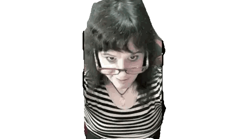 A Woman Wearing Glasses And A Black And White Striped Shirt With The Word Er On The Bottom Right Sticker