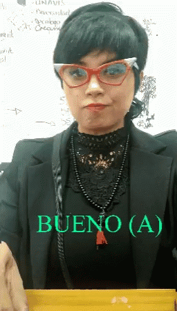 A Woman Wearing Glasses And A Black Shirt That Says Bueno ( A ) GIF