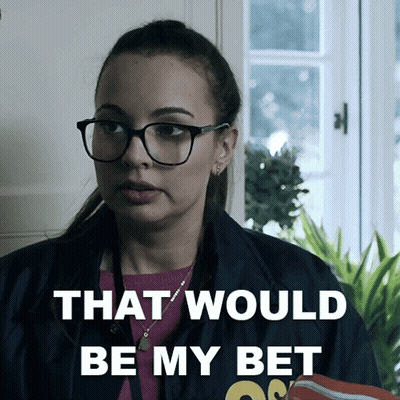 A Woman Wearing Glasses And A Jacket With The Words That Would Be My Bet GIF