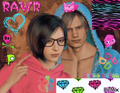 A Woman Wearing Glasses And A Man Wearing A Hoodie With The Word Rawr On It GIF
