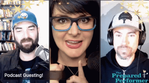 A Woman Wearing Glasses And A Man Wearing Headphones Are On A Podcast Called The Prepared Performer GIF